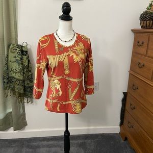 J McLaughlin Top 3/4 Sleeve Rusty/Gold Print Med